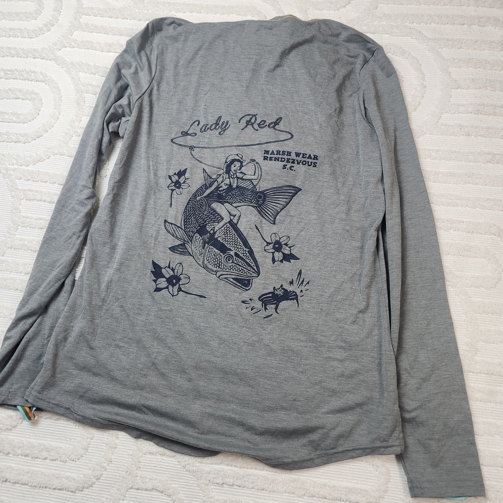 Marsh Wear UPF 40 Gray Hooded Long Sleeve Shirt with Fish Graphic Womens Small - Picture 5 of 8